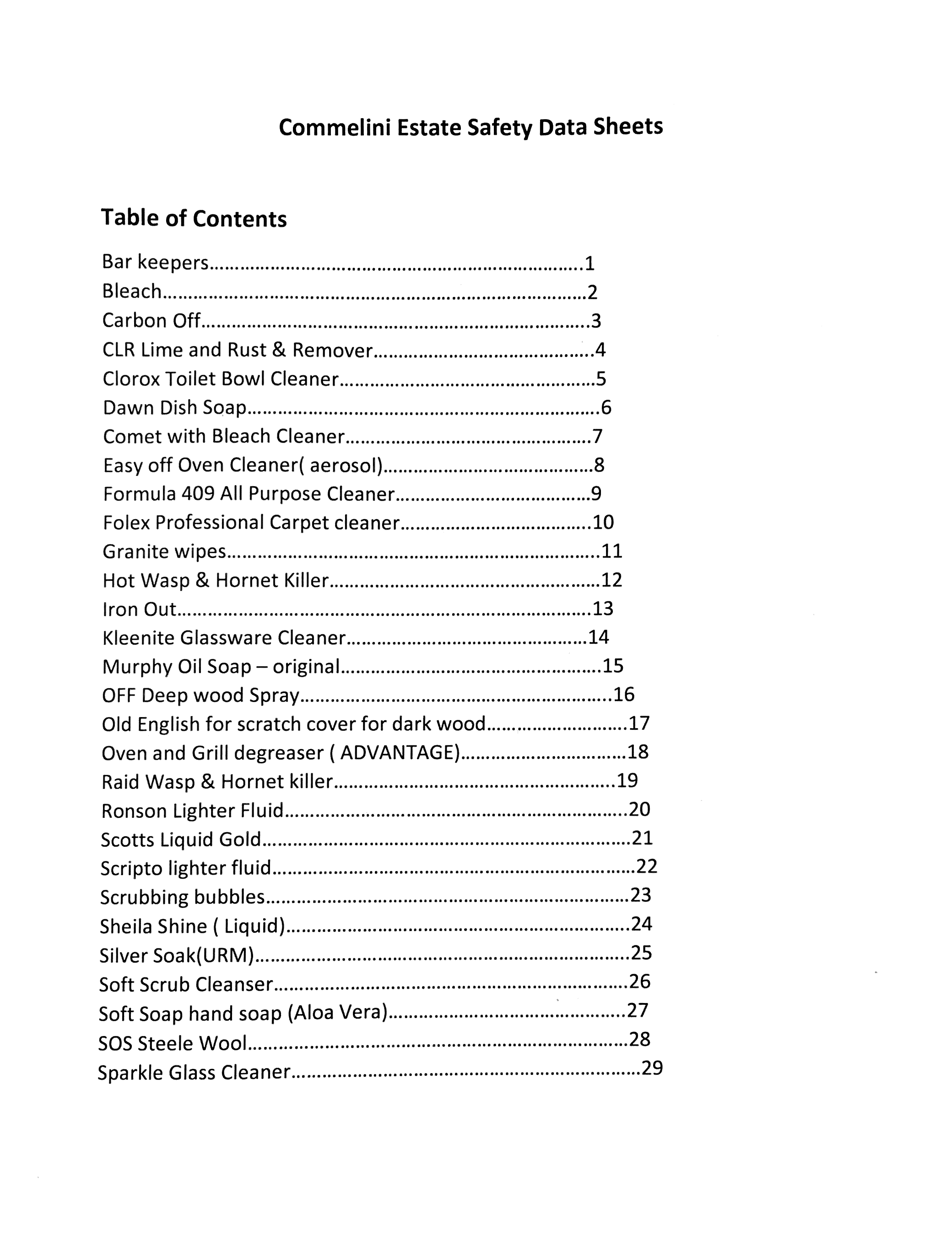 Sds Table Of Contents Template